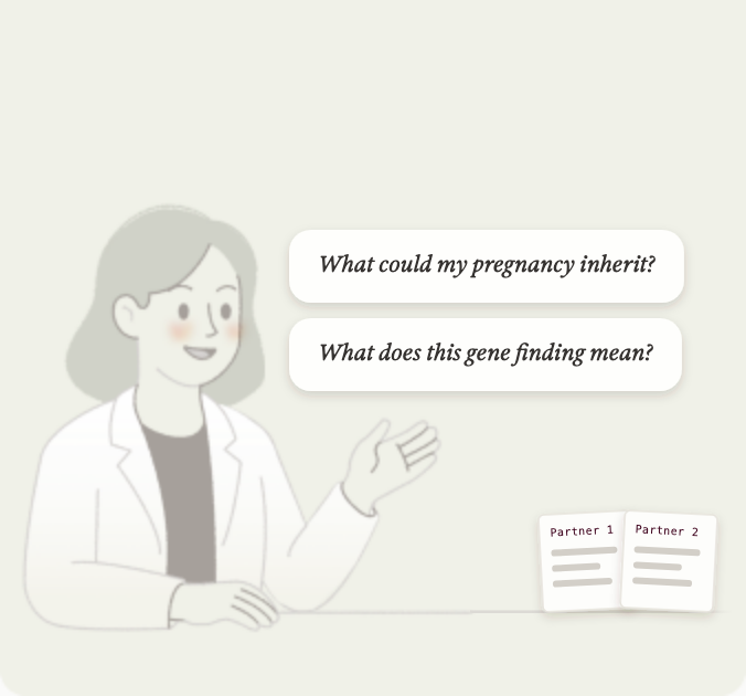 Illustration of a genetic counselor explaining pregnancy-loss report questions
